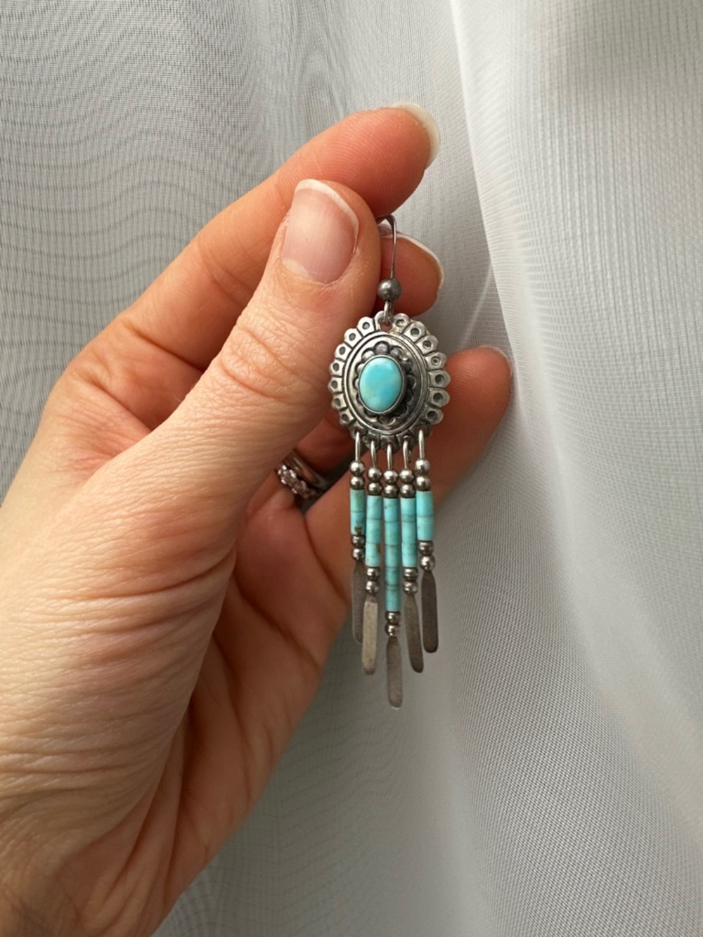 Turquoise Dangle Earrings - Artisan Sterling- Silver Beaded Fringe - Picture 4 of 5